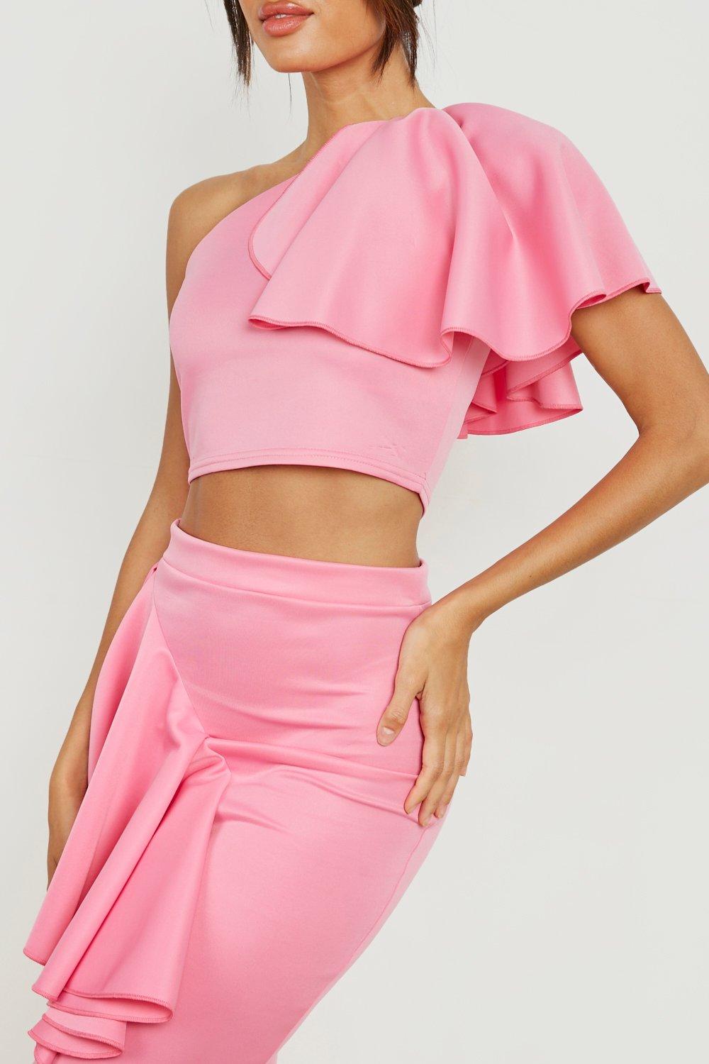 One Shoulder Ruffle Front Crop Midi Skirt boohoo DK